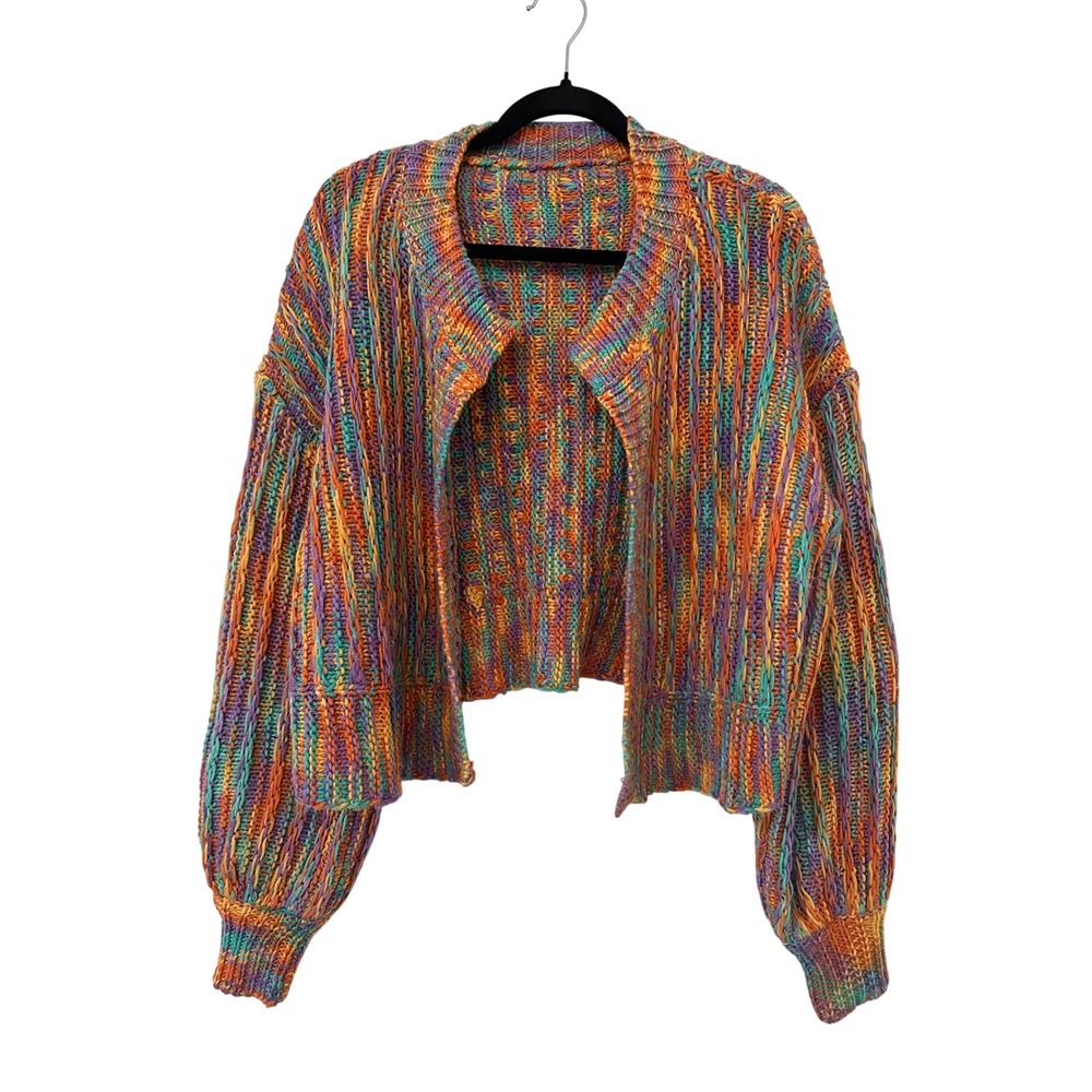 SHEIN Curve Rainbow Space Dye Chunky Knit Cropped Cardigan Sweater XL Hippie